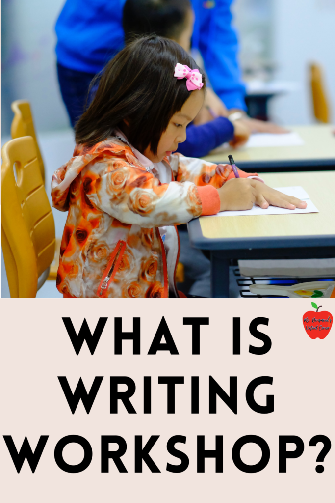 An image of a girl writing on paper while seated at a desk from a blog post titled What is Writing Workshop? by Ms. Dorismond's Virtual Corner.